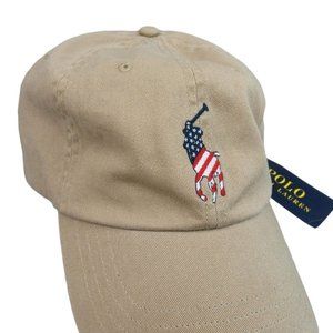 Polo Ralph Lauren Khaki Tan Embroidered USA Pony Baseball Hat Cap Adjustable NEW